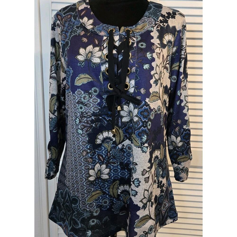 One World Women's Long top Blue Floral Print 3/4 Sleeve Sz S Boho